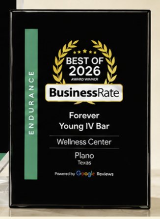 Forever Young IV Bar's BusinessRate Best of 2026 award plaque, Wellness Center, Plano