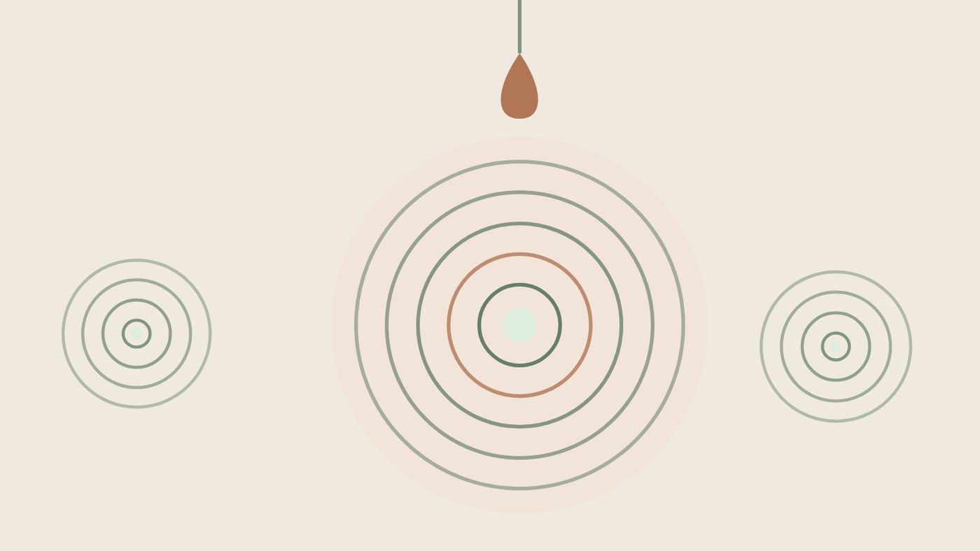 Abstract illustration: a drop on a thread falling toward widening ripples