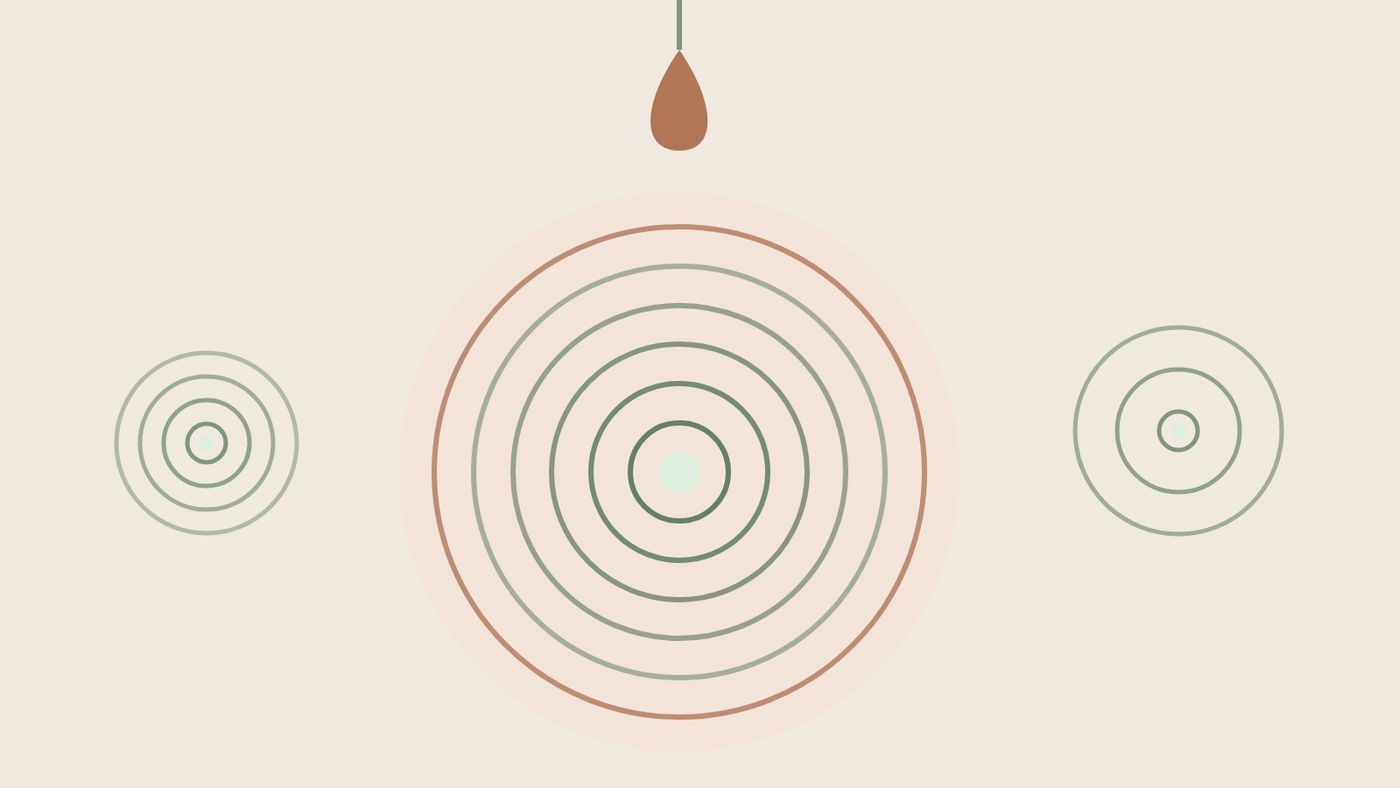 Abstract illustration: a drop on a thread falling toward widening ripples