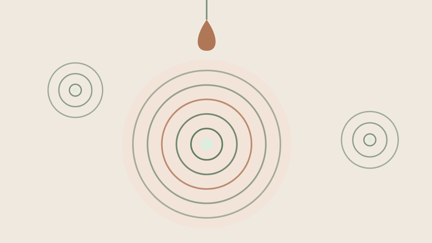 Abstract illustration: a drop on a thread falling toward widening ripples