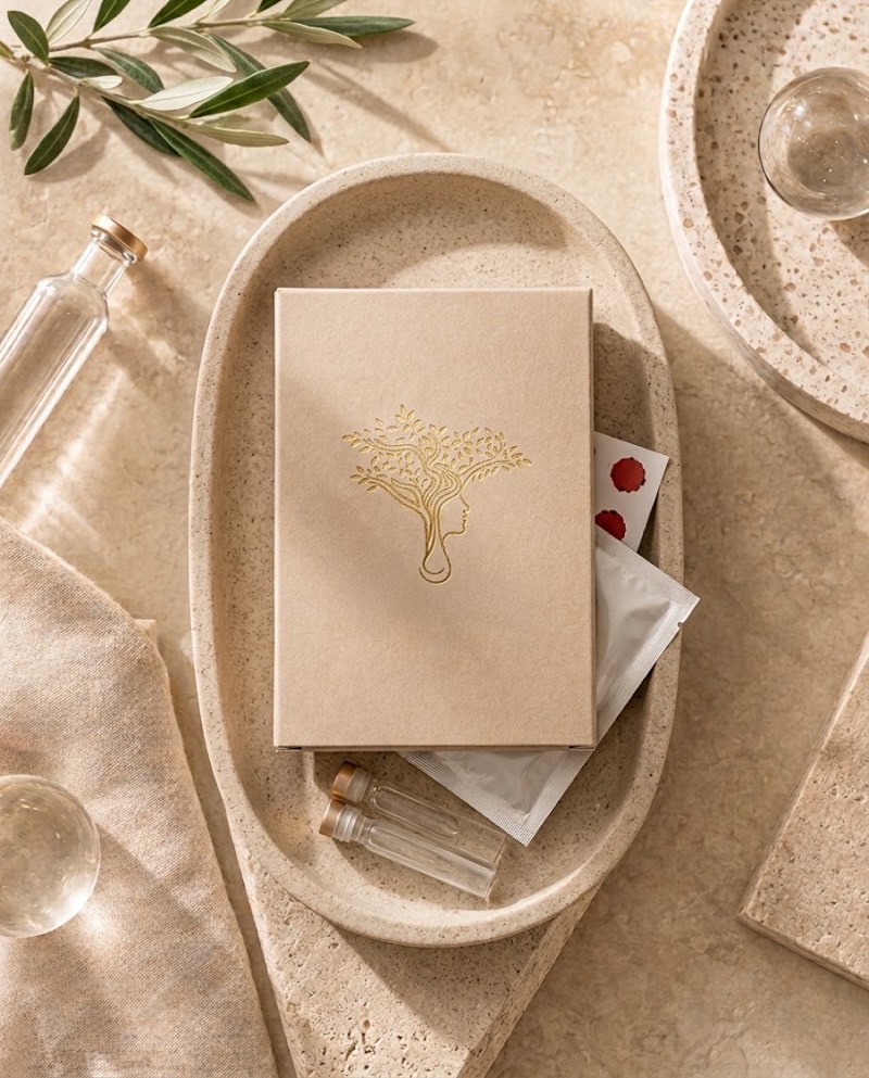 A Forever Young IV Bar food sensitivity test kit box with the embossed tree logo, beside its blood collection card and vials on a stone tray