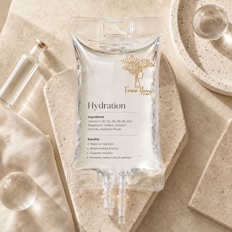 Hydration IV bag on a marble tray