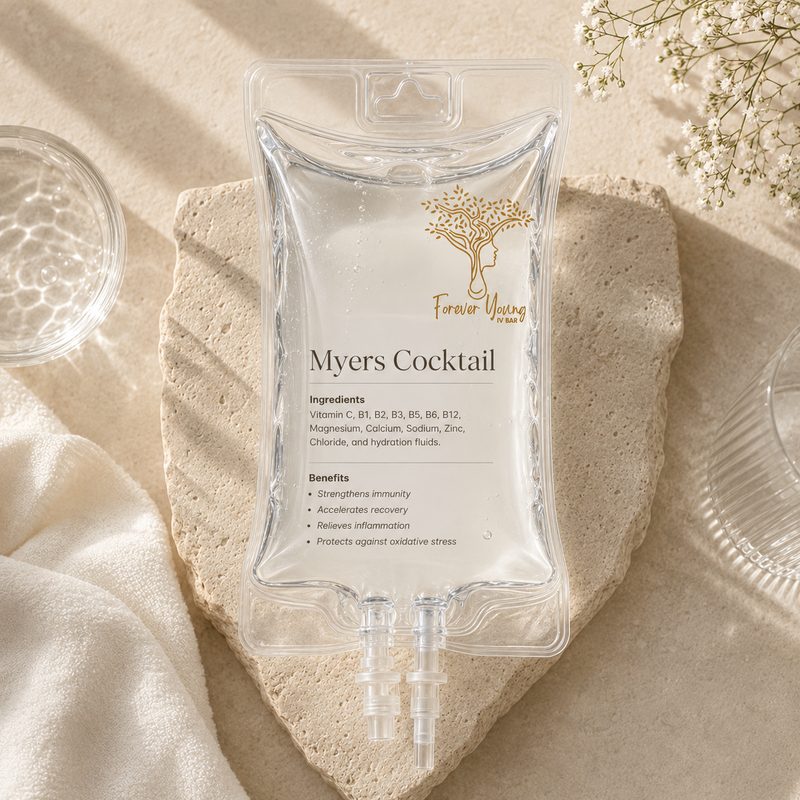 Myers Cocktail IV bag on a stone tray