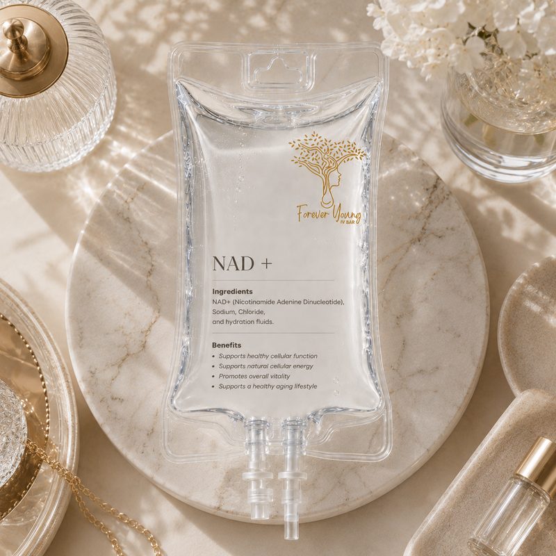 NAD+ IV bag on a marble surface