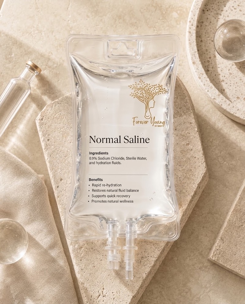 IV bag of clear saline labeled “Normal Saline”, with the Forever Young IV Bar logo, on a cream stone tray