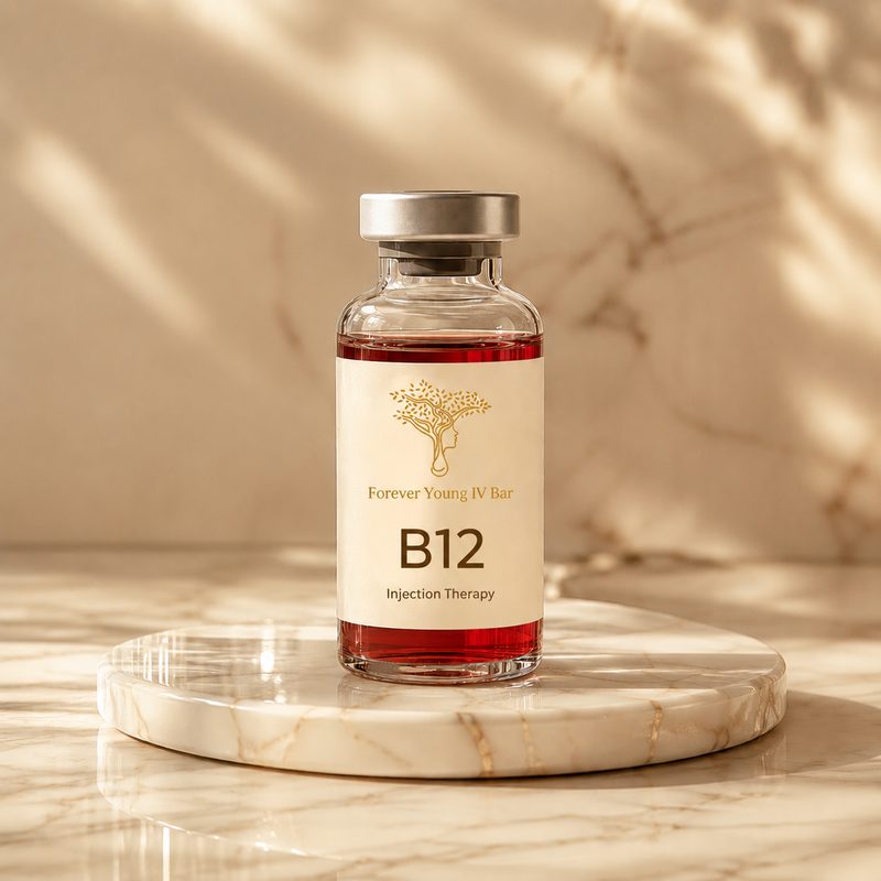 Vitamin B12 injection vial on a marble stand